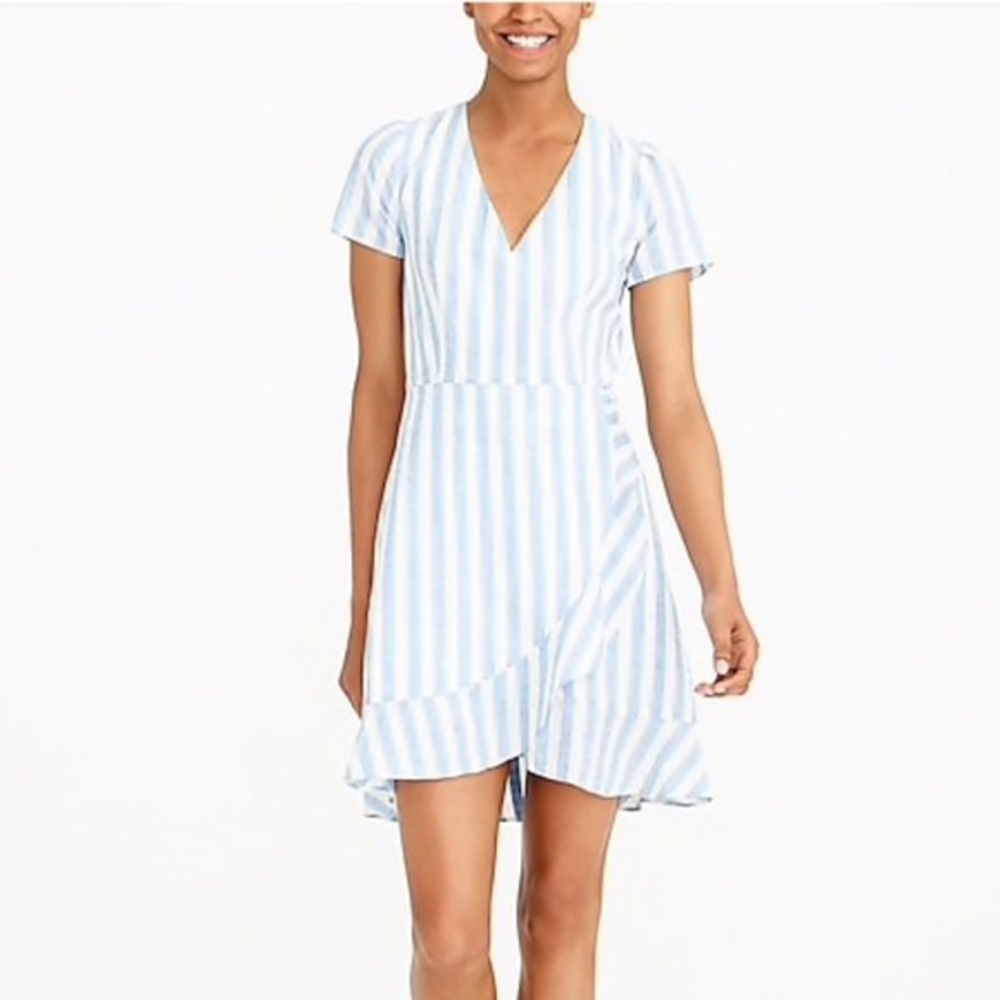 J.Crew Blue White Striped Faux Wrap Ruffle Sleeve Dress